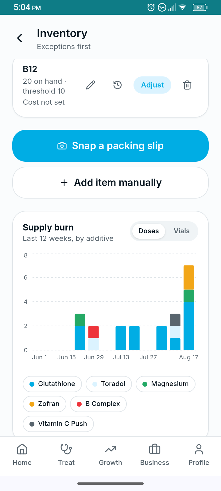 Inventory screen with supply burn-rate chart and photo receiving